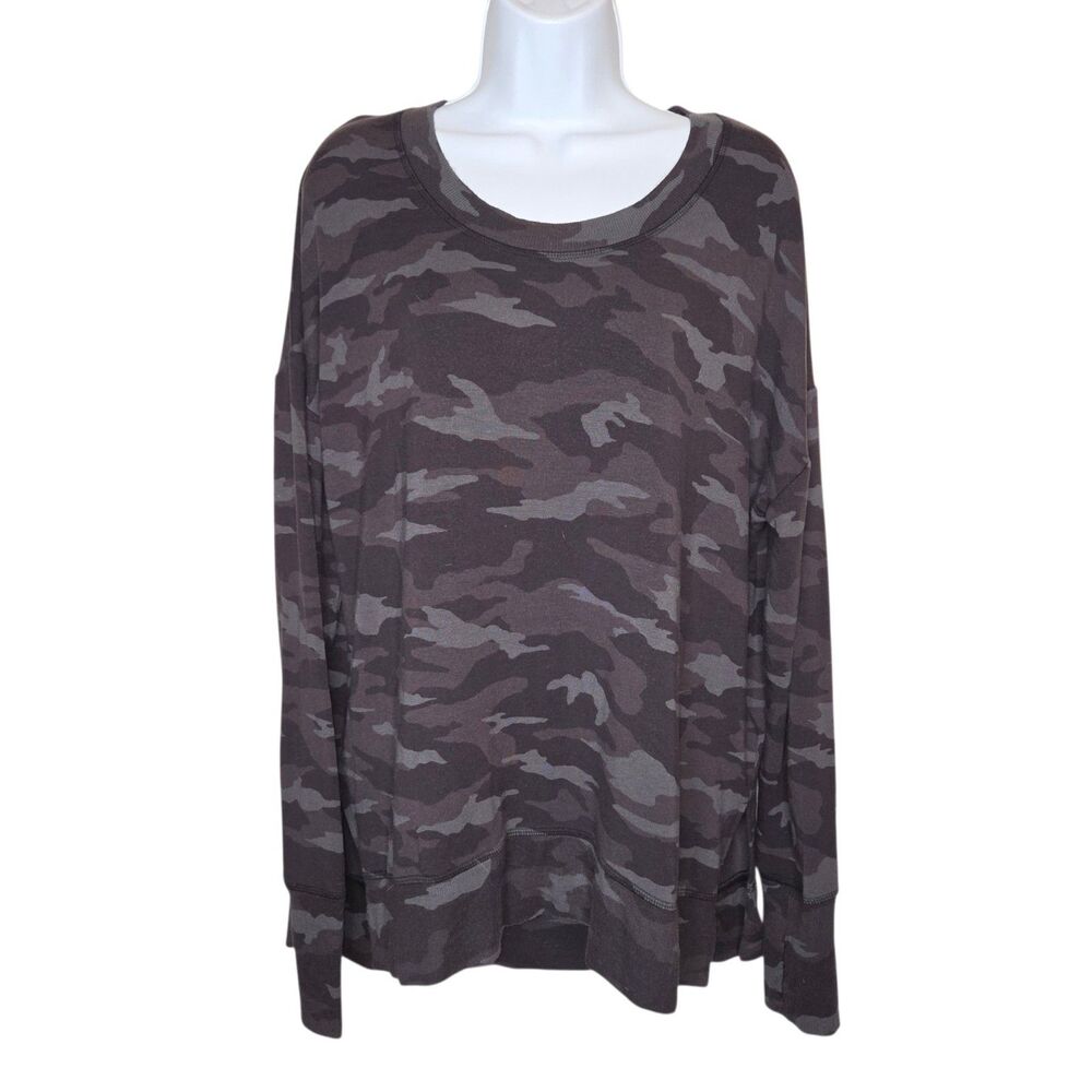 Athleta Coaster Luxe Grey Camo Sweatshirt L EUC Pullover Oversized Thumbhole Top
